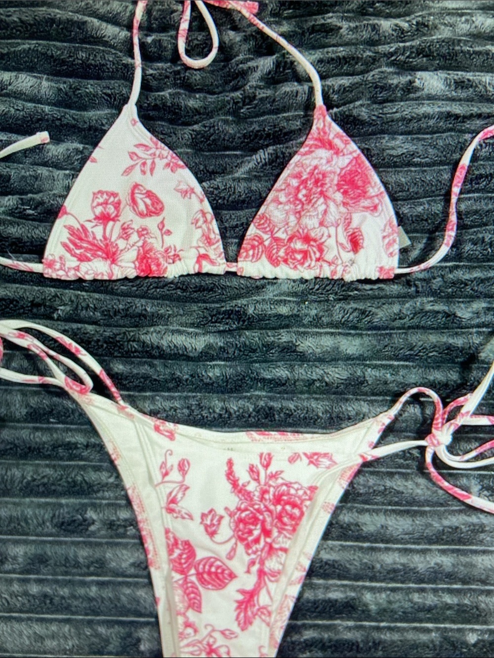 Women’s Pink Floral Tie-Side Triangle Bikini Top and Bottom